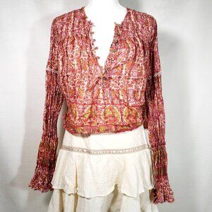Free People Bohemian Colorful Floral Print Smocked Tunic Top Blouse Size L 